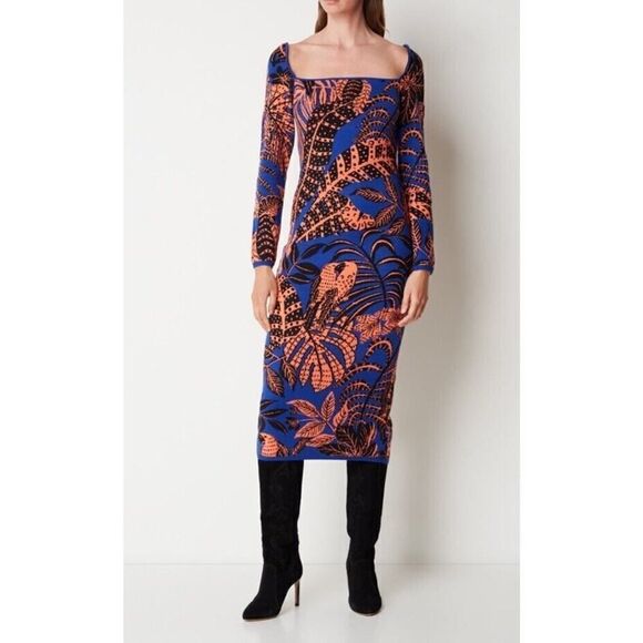 NWT FARM Rio Blue Tropical Gold Long Sleeve Dress Midi XS - Picture 5 of 8